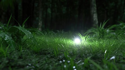 Glowing light in a dark, lush forest