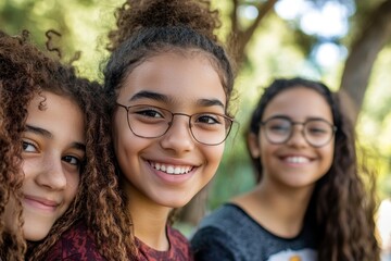 Fototapeta premium Close up of pre-teen friends in a park smiling to camera