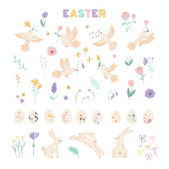 Cute set Easter graphic elements isolated on white background. Colorful collection with rabbits, birds, eggs and spring flowers. Adorable clip art for traditional Easter holiday. Vector illustration