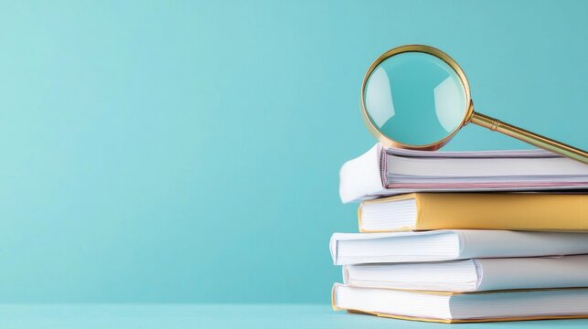 Stacked Notebooks with Magnifying Glass on Blue Background