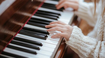 Fototapeta premium Close-Up of Hands Playing Piano Keys with Warm Soft Lighting