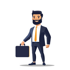 A confident businessman in a teal suit with a yellow tie holds a black briefcase while gesturing with his other hand. He has a friendly smile.