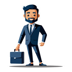 A confident businessman in a teal suit with a yellow tie holds a black briefcase while gesturing with his other hand. He has a friendly smile.