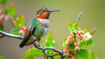 Fototapeta premium A broad-tailed hummingbird perched on a flower branch.