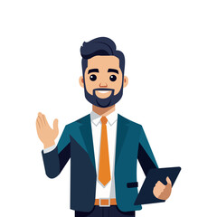 A confident businessman in a teal suit with a yellow tie holds a black briefcase while gesturing with his other hand. He has a friendly smile.