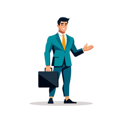 A confident businessman in a teal suit with a yellow tie holds a black briefcase while gesturing with his other hand. He has a friendly smile.