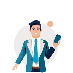 A confident businessman in a teal suit with a yellow tie holds a black briefcase while gesturing with his other hand. He has a friendly smile.