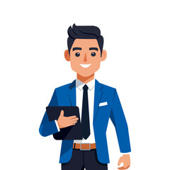 A confident businessman in a teal suit with a yellow tie holds a black briefcase while gesturing with his other hand. He has a friendly smile.