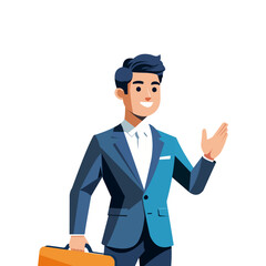 A confident businessman in a teal suit with a yellow tie holds a black briefcase while gesturing with his other hand. He has a friendly smile.