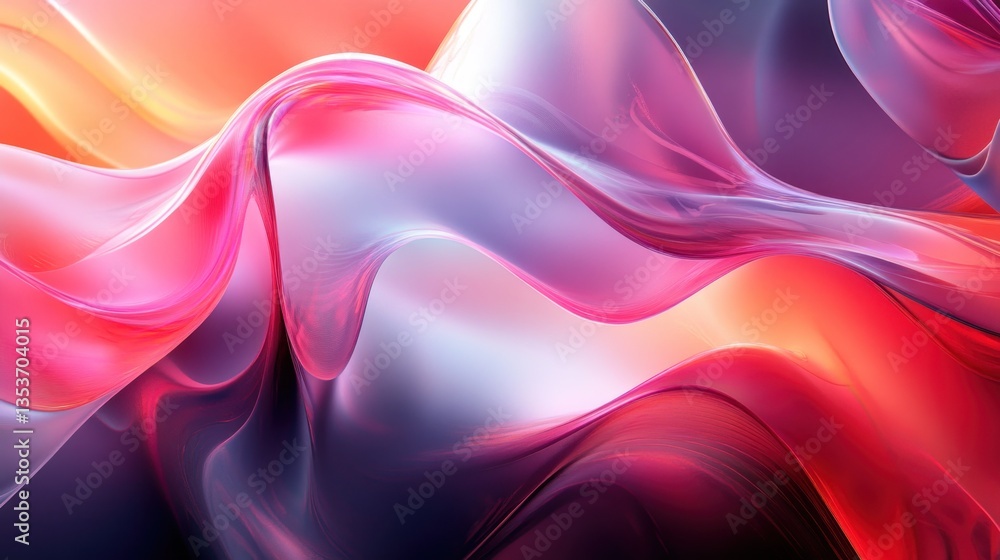 Poster abstract flowing shapes in vibrant reds pinks and oranges creating a sense of motion and fluidity fo