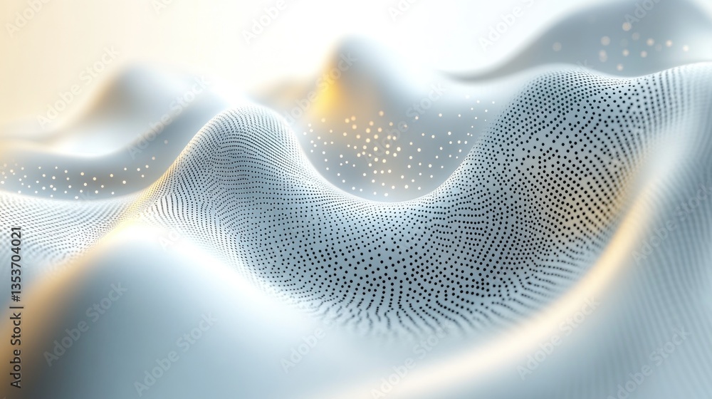 Poster abstract generative waveform resembling dunes featuring minute black dots with subtle glowing highli