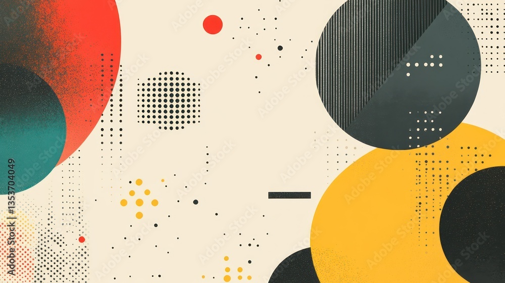 Poster retro abstract composition with circles dots lines and textured surfaces evokes mid-century modern a