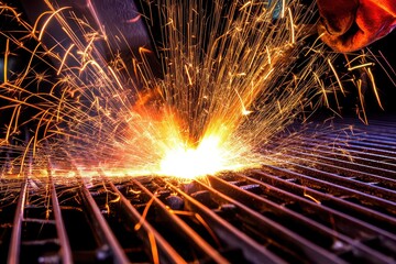 Sparks flying from metal being welded in a workshop, showcasing intense heat and craftsmanship