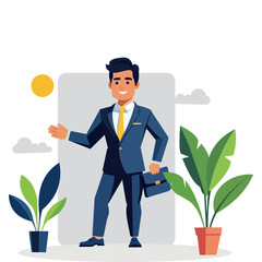 A confident businessman in a teal suit with a yellow tie holds a black briefcase while gesturing with his other hand. He has a friendly smile.