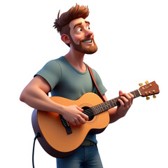 Obraz premium 3D Illustration of a Relaxed 32-Year-Old European Male Musician Playing Acoustic Guitar No Background