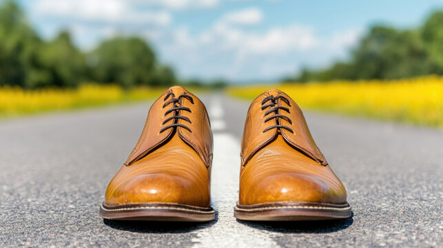 Journey ahead with elegant leather shoes on sunlit road – perfect conceptual image for travel inspiration