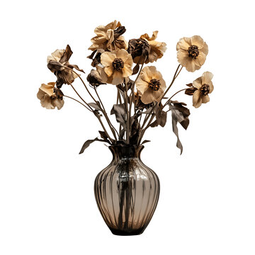 A bouquet of wilted flowers in a glass vase, with faded petals and muted colors, set against a  on transparent background , png , cutout