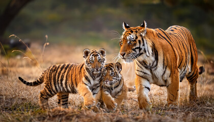 Majestic Royal Bengal Tiger with Cubs to Hunt in the Wild