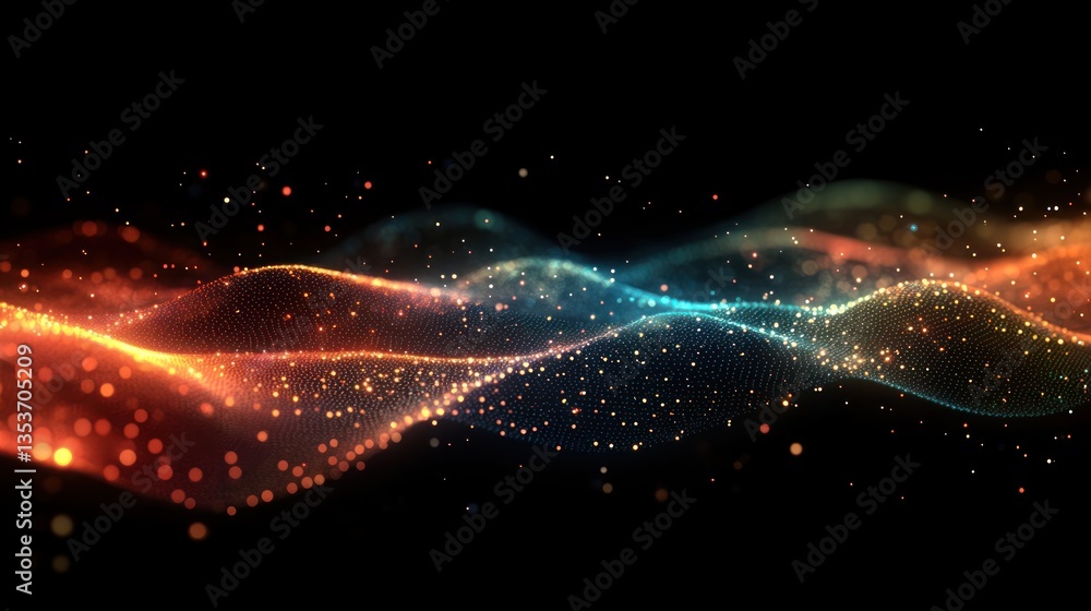 Aufkleber abstract glowing digital landscape showcasing flowing waves of light and color gradients on a dark b