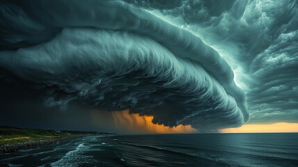 Dramatic shelf cloud over ocean during sunset.