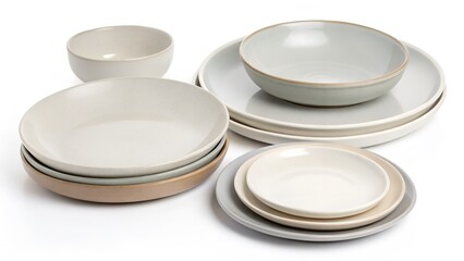 Set of Ceramic Plates in Neutral Tones, Isolated on a White Background, designed for modern and minimalist dining settings, Clean and Modern Tableware Stock Image 