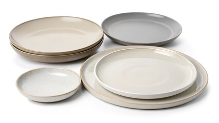 Set of Ceramic Plates in Neutral Tones, Isolated on a White Background, designed for modern and minimalist dining settings, Clean and Modern Tableware Stock Image 