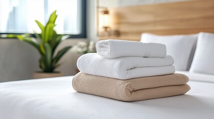 Cozy and Inviting Bedroom with Freshly Stacked Towels on Soft Bed Linen Surrounded by Natural Light and Indoor Plants