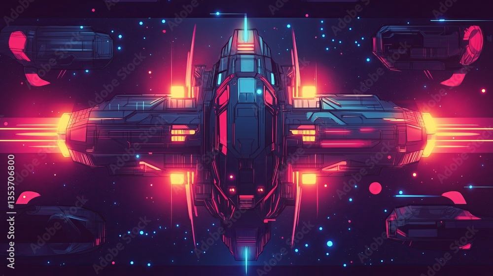 Poster a neon-lit spaceship docking station with glowing lights and deep shadows