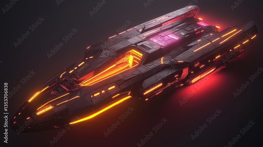Poster a neon-lit spaceship docking station with glowing lights and deep shadows