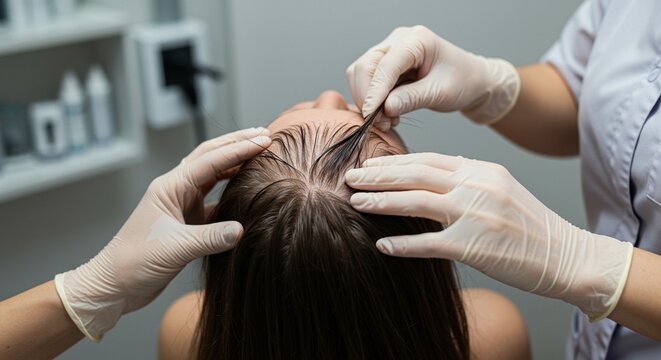 A woman undergoes advanced hair follicle treatment with a dermatologist to treat baldness and stimulate hair growth