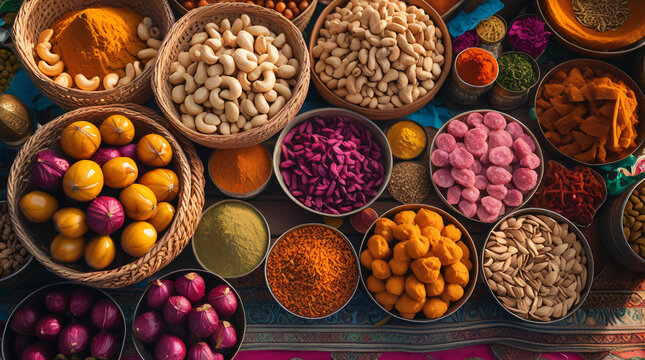 A vibrant top-down view of a traditional Indian market stall, showcasing an abundance of fresh dry fruits including ripe anjeer with deep purple skin, cashews in their shells, and chilgoza pine nuts 