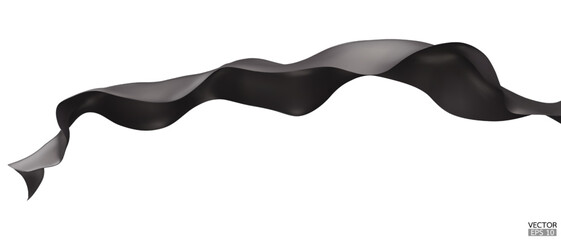 Flying black silk textile fabric flag background. Smooth elegant dark Satin Isolated on white Background for grand opening ceremony. Black curtain.