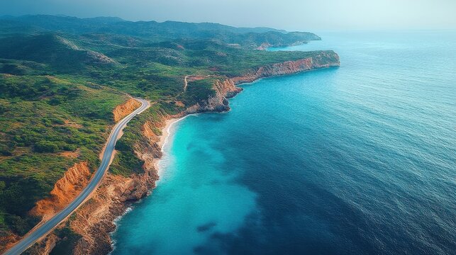 Aerial View Of A Lush Green Coastline Meets Turquoise Blue Ocean Waters Under Sunlight