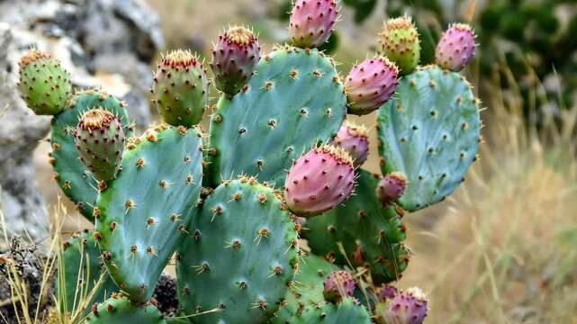 Prickly pear cactus with vibrant fruit in desert landscape under clear blue sky during late afternoon