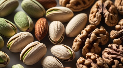 A highly detailed, extreme close-up macro shot of premium-quality Indian pistachios, almonds, and walnuts, showcasing their varied, intricate textures, such as the pistachios' faintly ridged surface