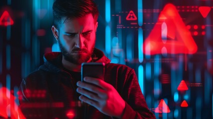 Concerned man using smartphone with digital warning signs overlay