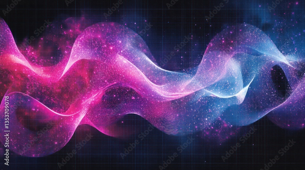 Poster abstract visualization of dynamic data waves with flowing particles showcasing technology and digita