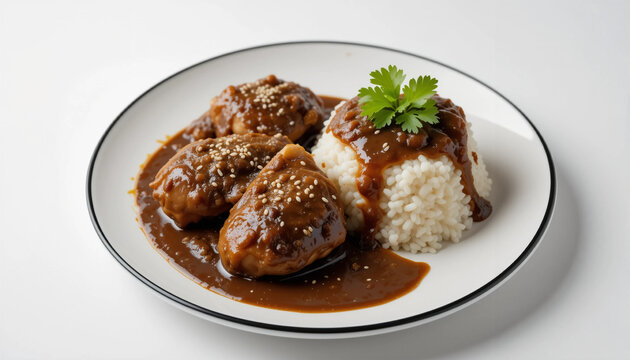 Mole poblano with chicken and rice, traditional Mexican cuisine.