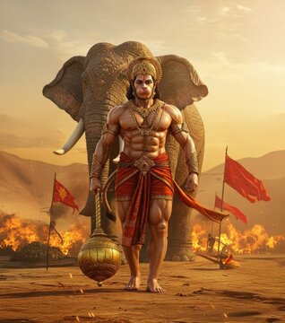 Hanuman Battling Demons to Protect Lord Ram&rsquo;s Devotees