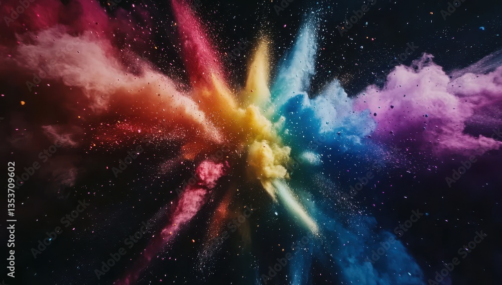 Poster colorful explosion of dust and particles in space with stars in background and vibrant hues of red, 