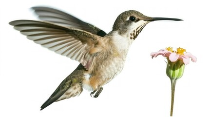 Fototapeta premium A solitary hummingbird hovering near a flower, isolated on a white background.