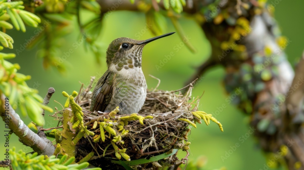Poster a small hummingbird nest made of twigs and soft materials in a tree.