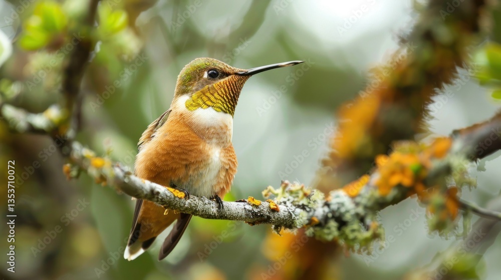 Poster a close-up of a rufous hummingbird perched on a tree branch.