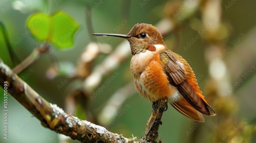 Poster a close-up of a rufous hummingbird perched on a tree branch.