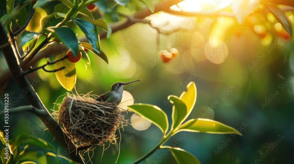 Poster a delicate hummingbird nest resting on a tree branch.