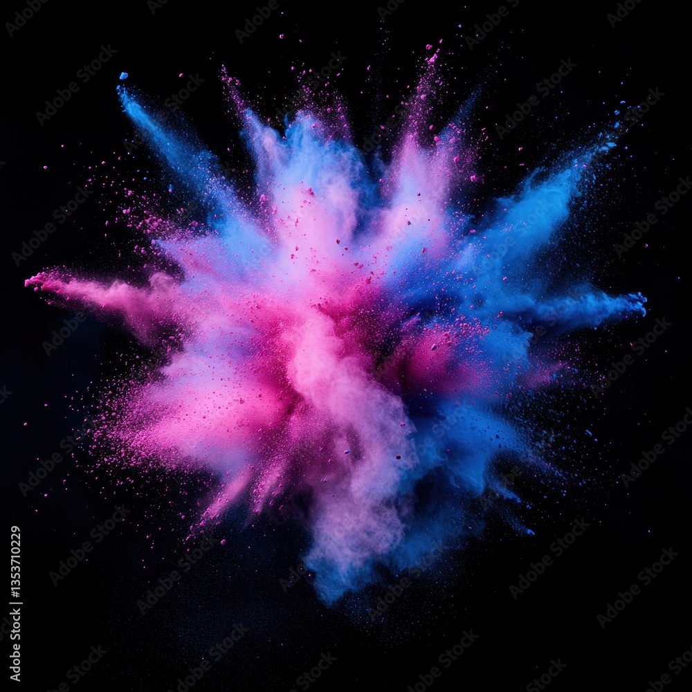Poster colorful explosion of pink and blue powder creating a dynamic visual effect on a dark background ide