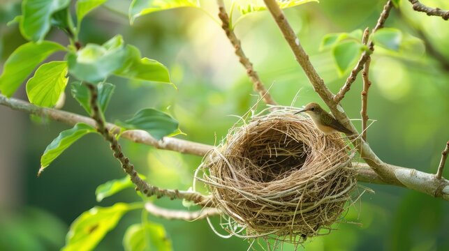 A delicate hummingbird nest resting on a tree branch. - Powered by Adobe
