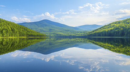tranquil lake surrounded by lush green forests and majestic mountains, reflecting serene sky and clouds above