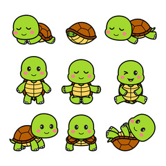 Cartoon turtle character illustrations featuring cute tortoises. Includes friendly, smiling turtles in various poses such as walking, swimming, sleeping, and hatching from an egg. Adorable and playful