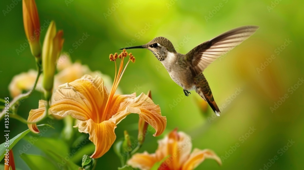 Poster a close-up of a delicate flower with a hummingbird hovering above it